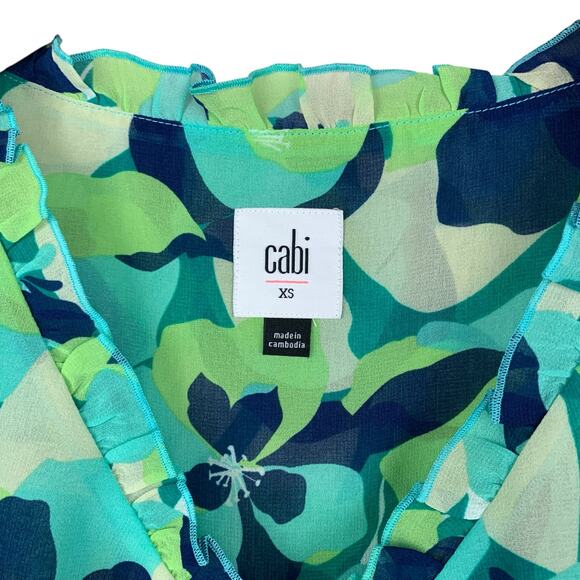 Cabi Trixie Top Blouse Green Blue Floral Short Puff Sleeves 6087 Women's XS - Picture 3 of 7
